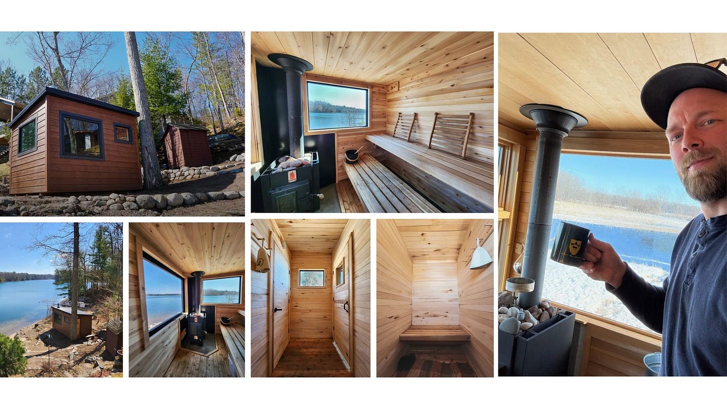 A collage of a wood sauna set up on a sunny day near a lake and among the pine trees. A collage of a wood sauna set up on a sunny day near a lake and among the pine trees.