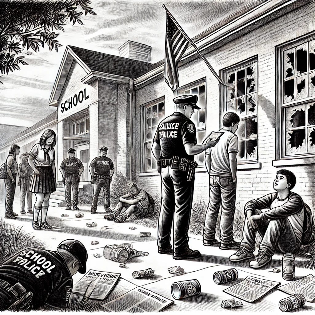 A black and white sketch depicting the concept of broken windows theory policing in a school setting. The illustration shows a school with small signs of disorder such as broken windows, graffiti on walls, and scattered litter. A school resource officer is seen addressing a minor infraction, like a student dropping a candy wrapper, while other students watch. The focus highlights the overemphasis on addressing minor issues while more significant concerns seem ignored in the background. The art style is detailed and thought-provoking, with a social commentary tone.