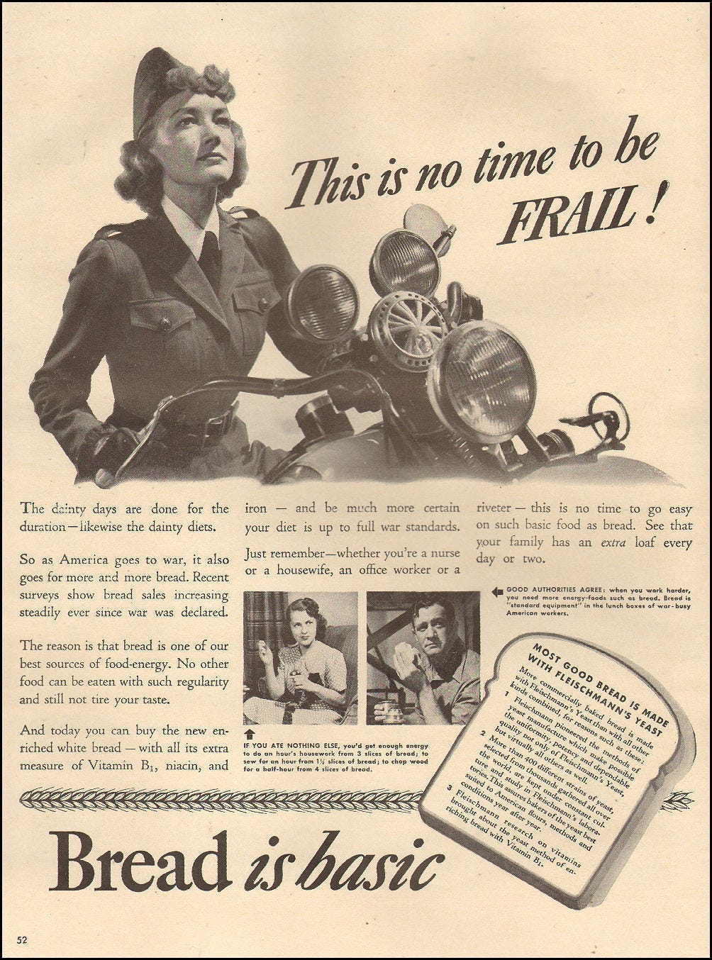 1942 WW2 AD FLEISCHMANN'S YEAST , Bread is Basic , WAC on Motorcycle 090718 - Picture 1 of 1