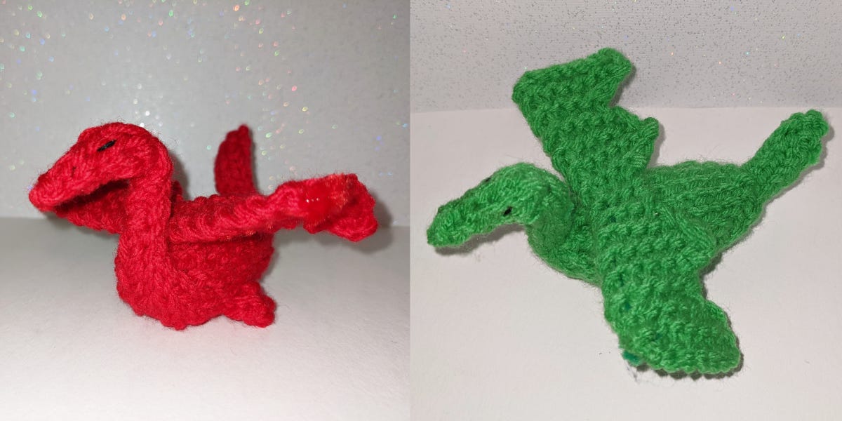 image of a red and green handmade knitted dragon