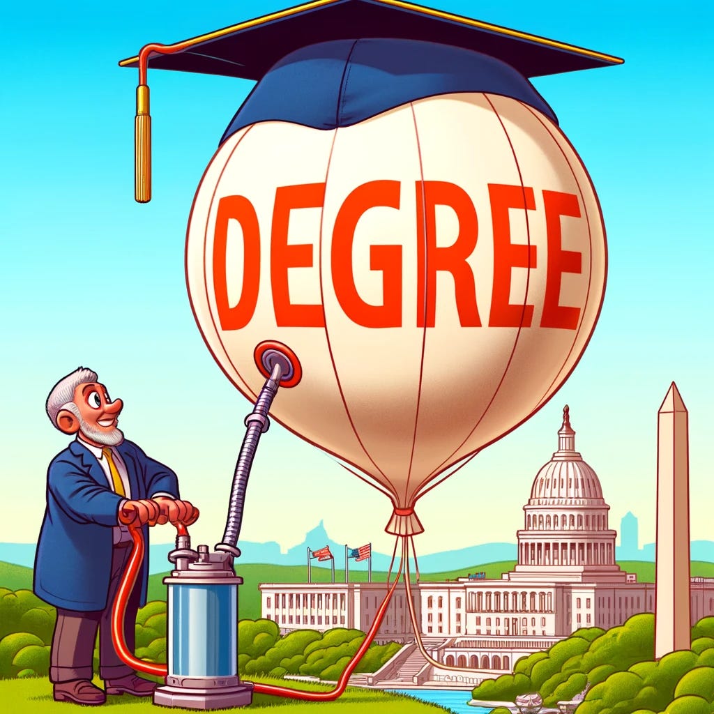 A cartoon-style illustration of a Washington, D.C. city council member inflating a giant balloon with the word 'Degree' written on it. The council member is using a large pump to inflate the balloon, which is getting bigger and bigger. The background shows iconic D.C. landmarks like the Capitol Building and the Washington Monument. The scene is humorous and exaggerated, emphasizing the concept of degree inflation.