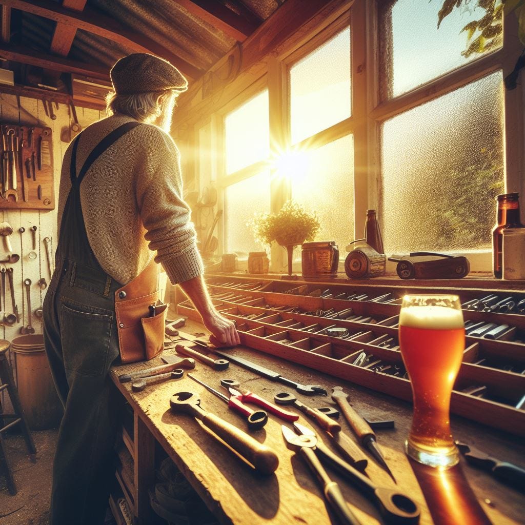 Ai Image - sheddie looking to see the sun from his very organised workbench - that pint looks inviting