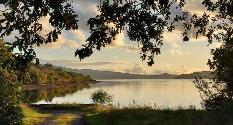 Peaceful view of a Scottish loch, framed by hills and trees.