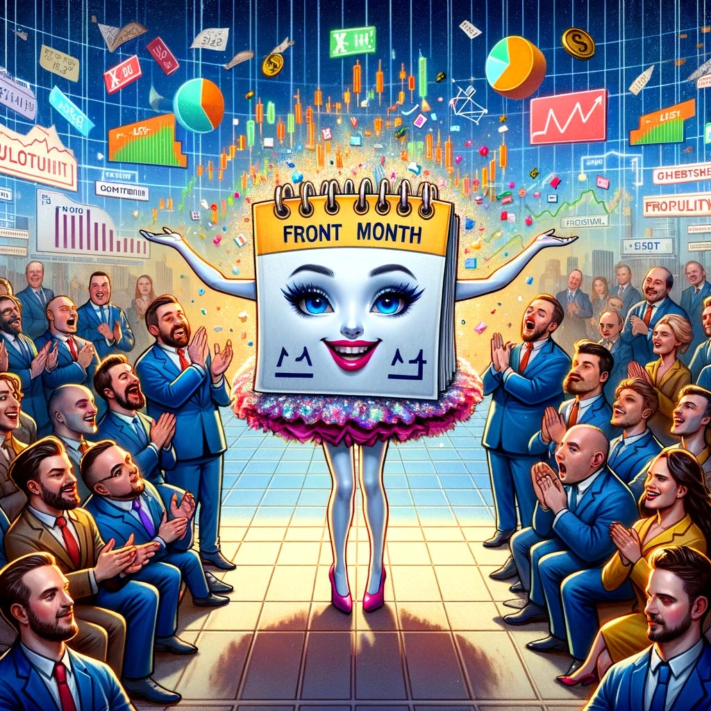 Create a conceptual illustration for a financial blog post. The scene depicts the world of options and volatility trading in a stock market setting. The background shows complex mathematical equations and financial charts floating in the air, symbolizing the intricate nature of market analysis. In the foreground, a personified calendar month, labeled 'Front Month,' is presented like a beauty pageant contestant, surrounded by enthusiastic traders and investors who are cheering and clapping. This character is adorned with colorful graphs and bullish stock market symbols, representing excitement and opportunity. In contrast, another calendar month character, labeled 'Back Month,' is depicted in the background, calmly snoozing among bearish market symbols, illustrating its less exciting nature.