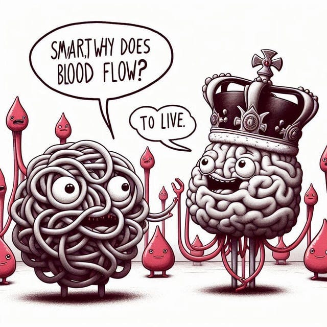 r/weirddalle - A strange looking creature that resembles a tangled rubber band asking, “Smart, why does blood flow?” to a brain with eyes and a mouth that is wearing crown. The king brain responds, “to live.” they are surrounded by tubes filled with personified blood drops. 