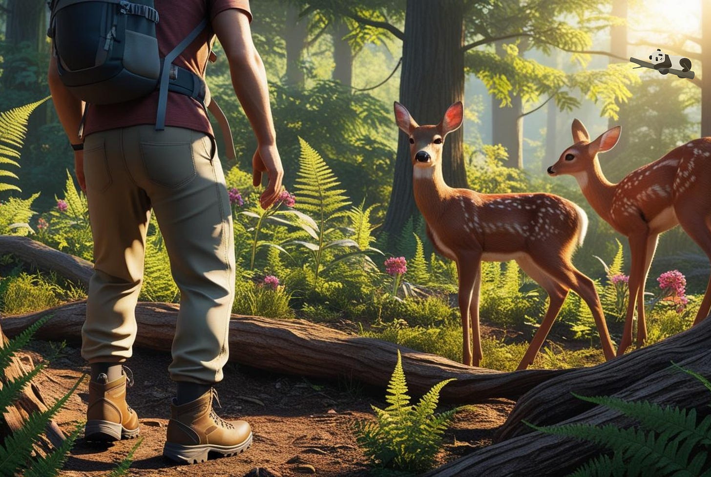 Illustration of a hiker coming up to two fawns in a forest