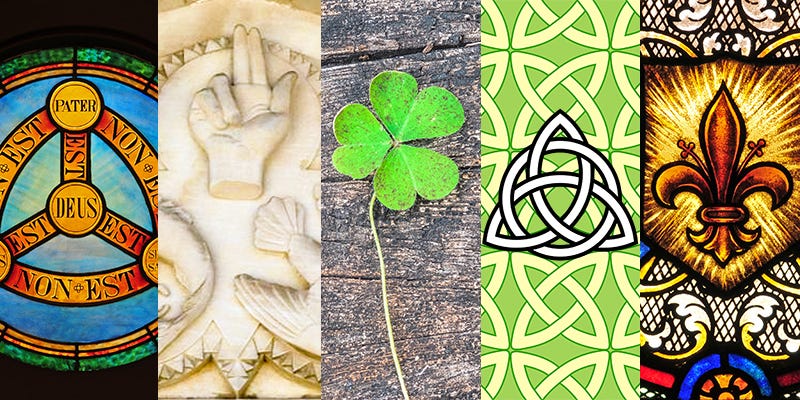 Five symbols representing the Trinity are laid out in a row; they include a trefoil, a "three leaf clover," an a fleur de lis. 