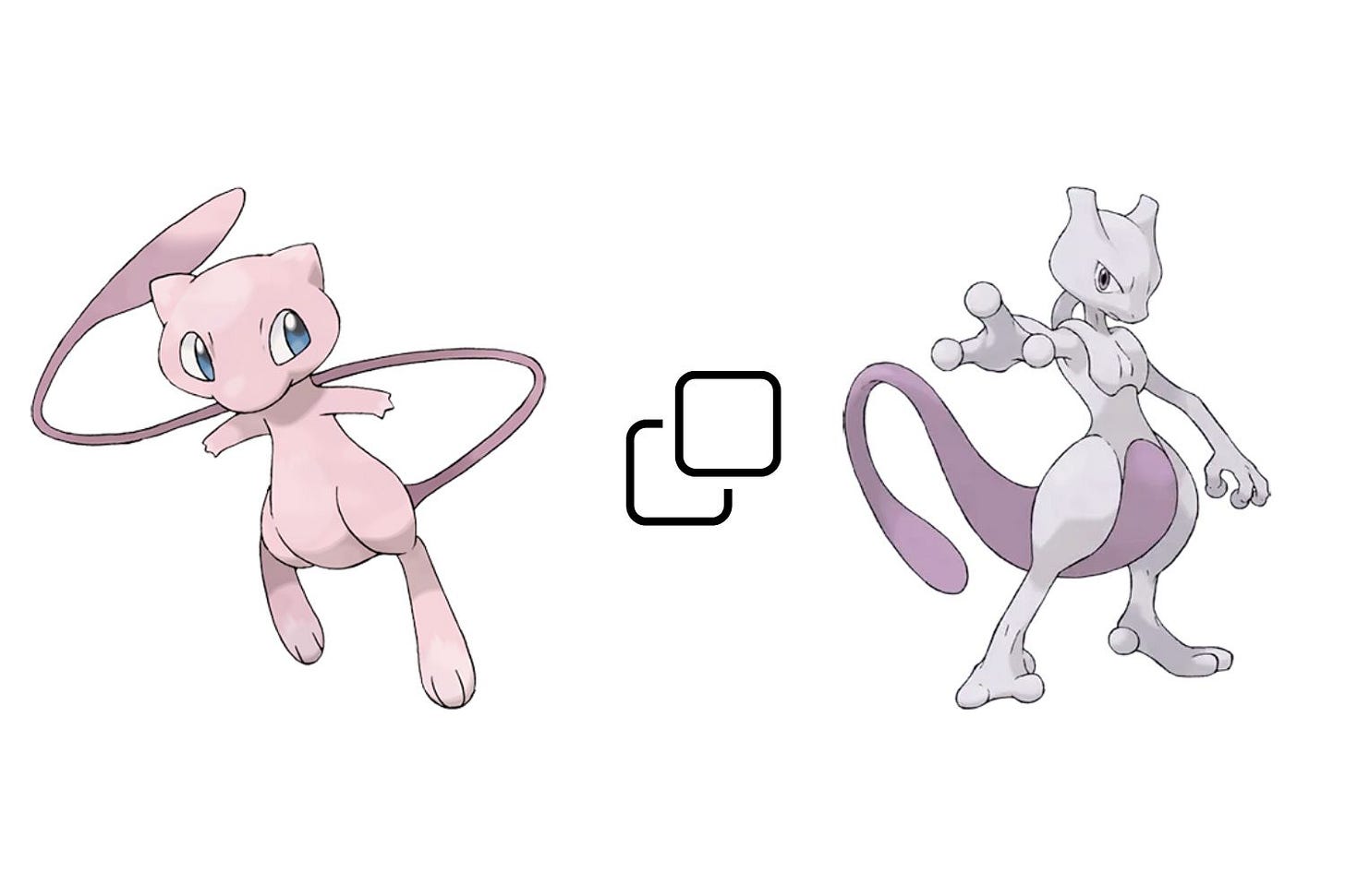 pink mewtwo on the left, grey and purple mewtwo on the right