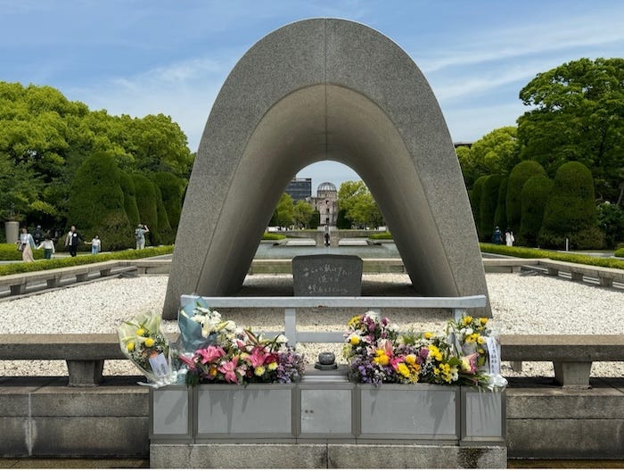 The tomb in the Hiroshima’s Peace Park that contains the names of the 140,000 victims of the atomic bombing. 