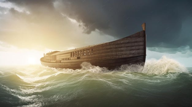 Premium Photo | A ship of noah's ark is sailing through the ocean.