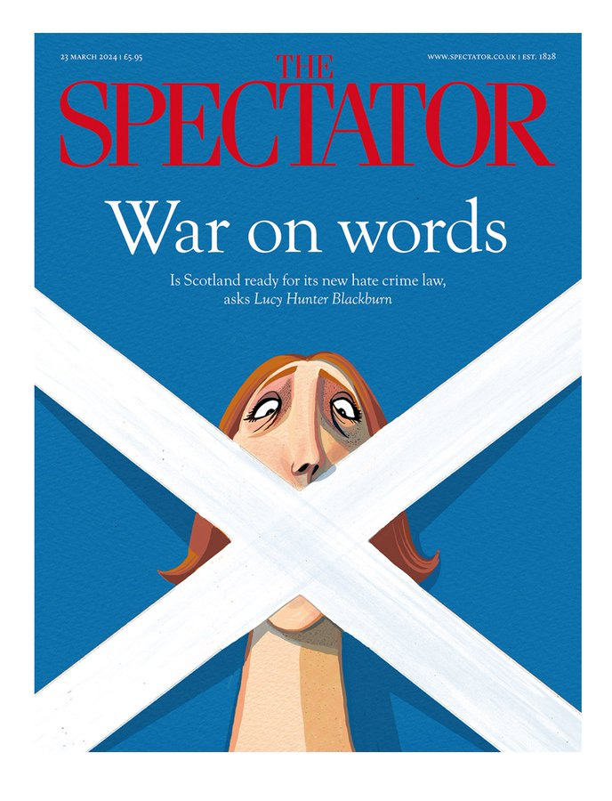 Cover of the Spectator using the Scottish flag to 'silence' a cartoon of what appears to be JK Rowling