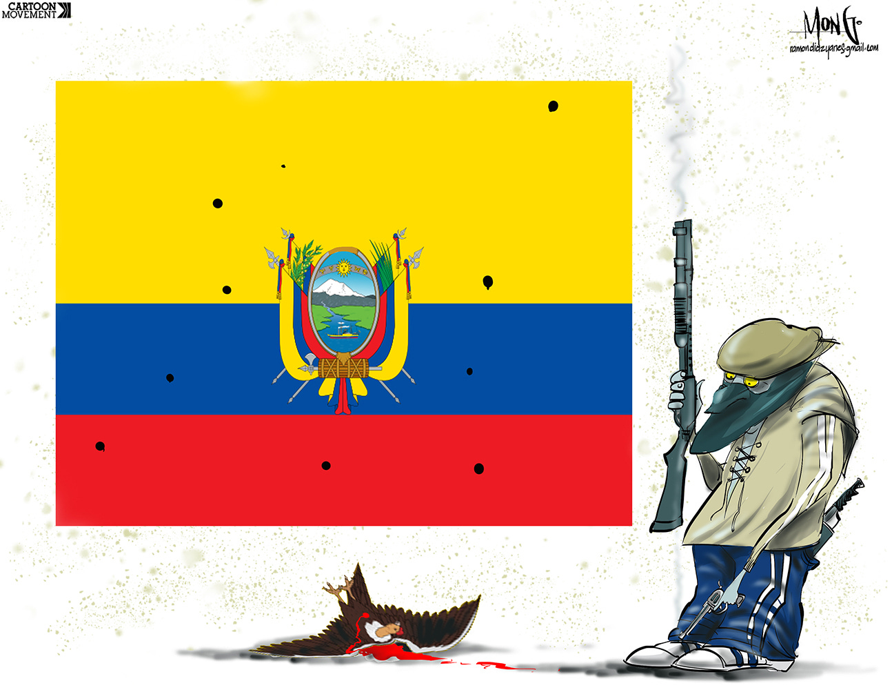 Cartoon showing the flag of Ecuador. The bird (condor) that normally is perched on top the the coat of arms in the middle of the flag is shot down, lying bleeding on the ground, by a criminal gang member standing next to the flag with a smoking gun in his had.
