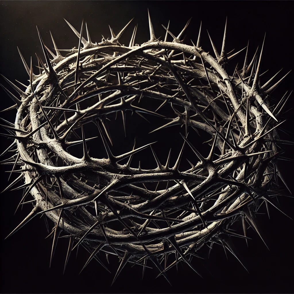 A highly detailed, realistic crown of thorns set against a completely black background. The image captures the texture of the thorns vividly, with sharp focus using a 35mm photography style. The lighting creates a brilliant contrast, emphasizing the intricacy of the thorns, their rough, natural texture, and their tangled form. The dark background isolates the crown, making it the sole focus of the image, with shadows adding depth and drama to the scene.