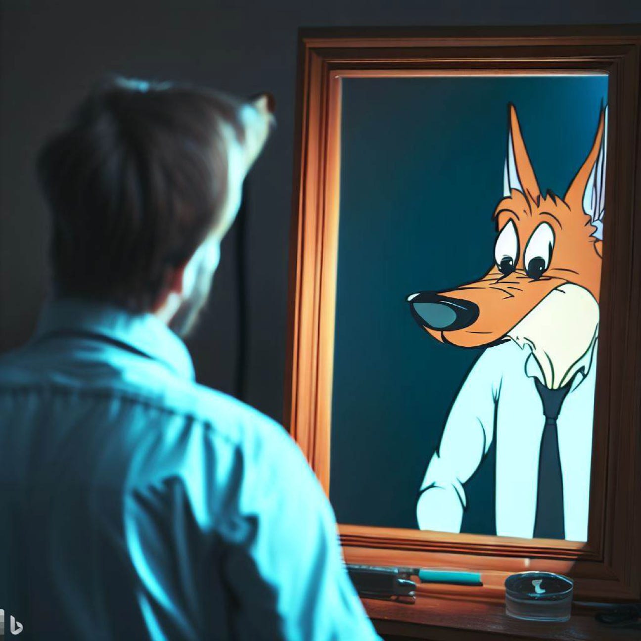A man looking into a mirror sees a cartoon coyote instead of his reflection
