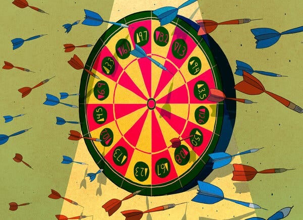 A dart board with darts flying in the center

Description automatically generated