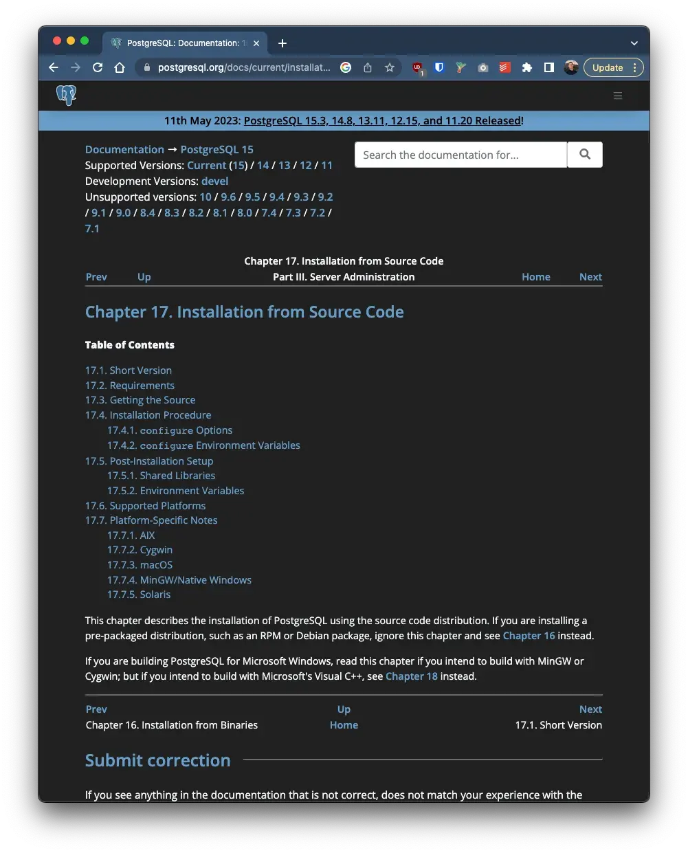 Screenshot of the Postgres docs, Chapter 17— "Installation From Source Code."