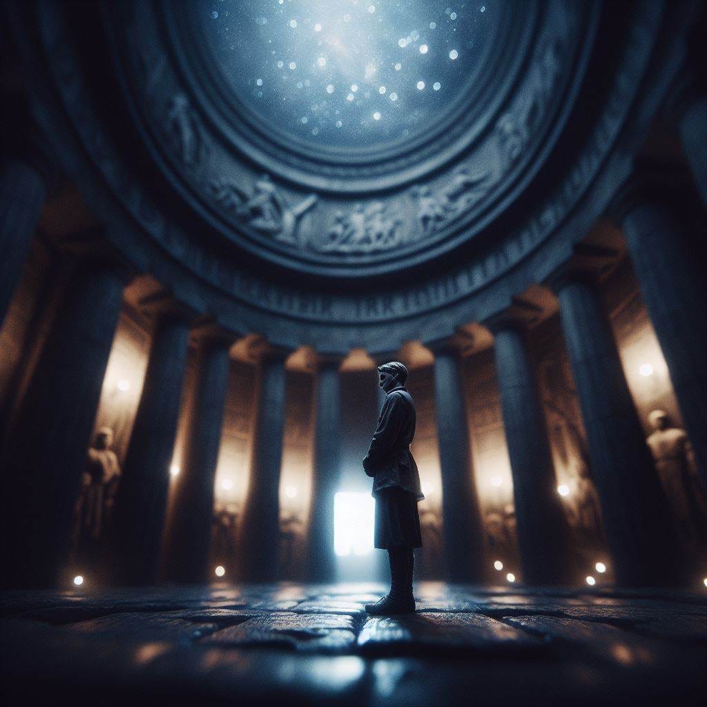 hyper realistic ;tiltshift; lens baby effect; the Crypt of the Monument to the Battle of Nations by DanielGliese. A man stands in the dark night with stars in the sky. he is serene, his face islooking at camera in foreground. Desperate with love. He is beholding the camera and pledging his love