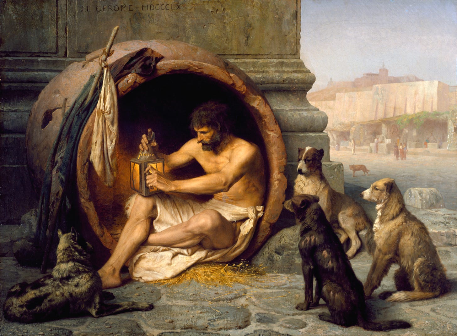 Painting of Diogenes, stoic philosopher, living in a barrel.