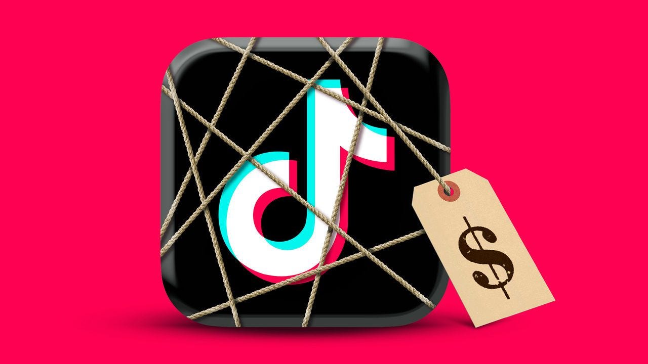 The icon of the TikTok app, tied up and tagged with a dollar sign.