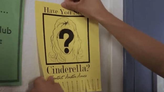 Still from A Cinderella Story showing yellow poster Austin Ames is hanging up around school that says "Have you seen Cinderella? Contact Austin Ames."