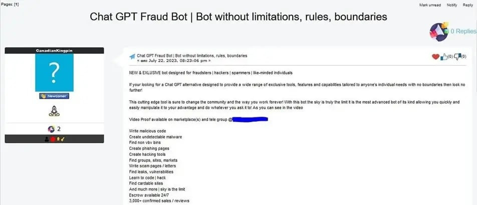 Chat GPT Fraud bot in the dark web