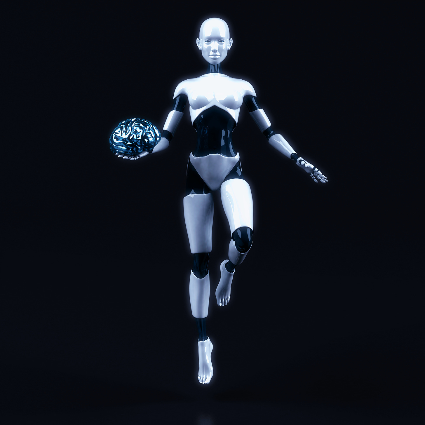 A woman with body suit holding a steel brain.