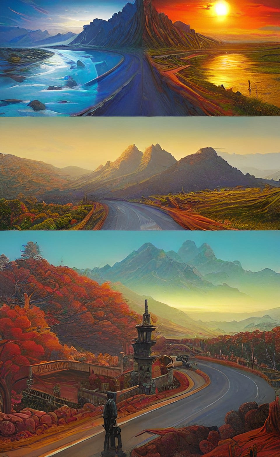 A.I. image of three vistas depicting a pathway to a mountain range, done in a comic book style