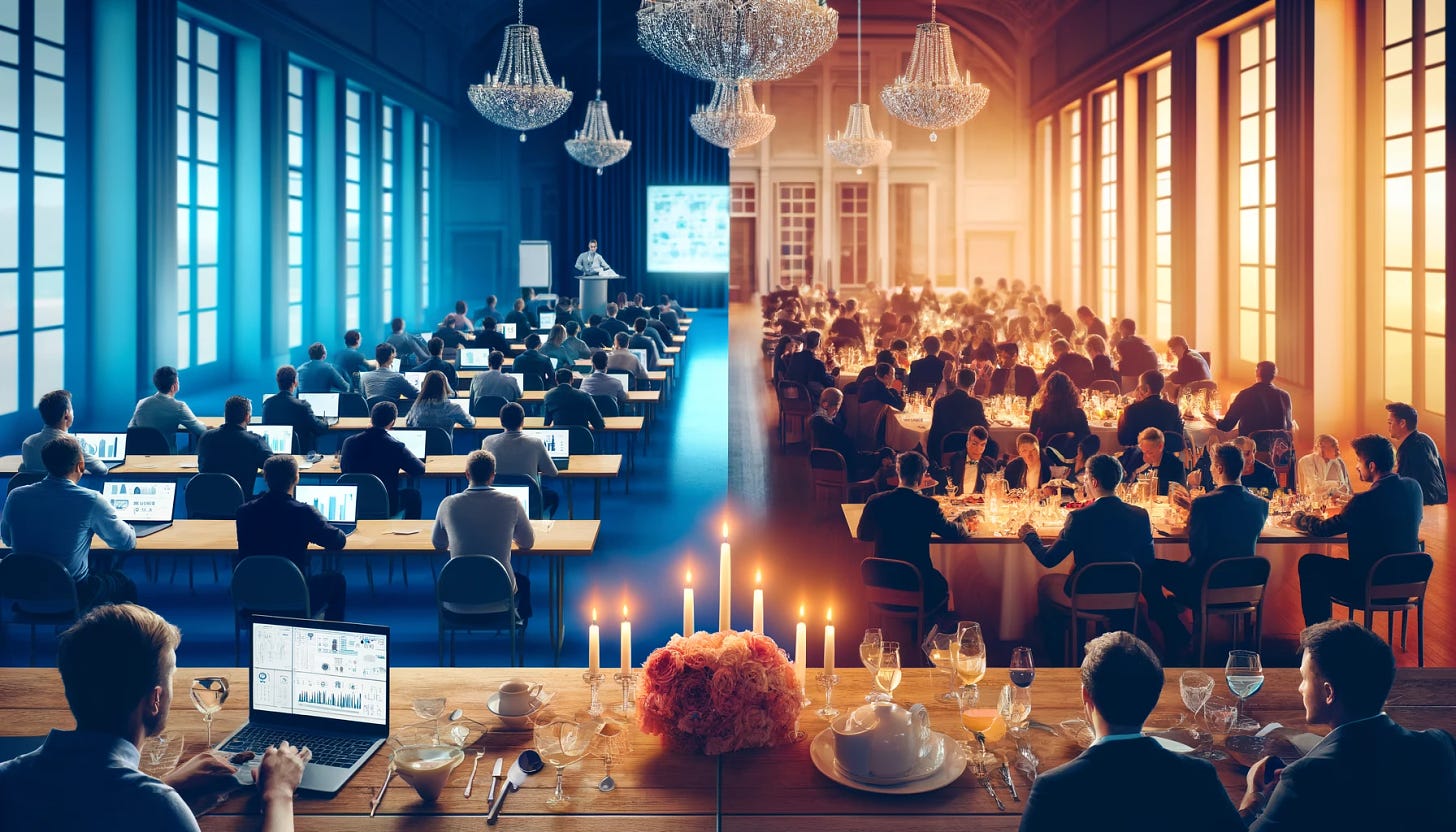 An image divided into two contrasting halves. On the left, a technical workshop takes place in a classroom setting, featuring rows of attendees at desks with laptops open, focusing intently on a presenter who is demonstrating something on a large screen. The environment is academic and orderly. On the right, a social mixer occurs in a grand ballroom, with elegantly dressed individuals mingling over dinner tables adorned with candles and fine dining setup. Chandeliers provide soft lighting, creating a warm and festive atmosphere. The two scenes are visually distinct yet part of the same event narrative.