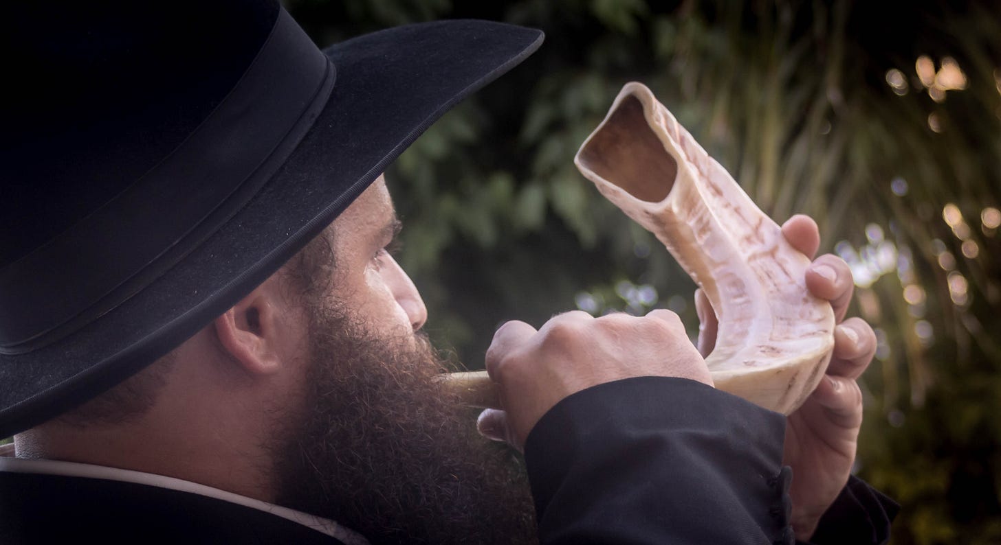A person, reminiscent of AJ Jacobs' inquisitive spirit, dons a black hat and dark suit jacket as they blow into a shofar, framed by lush greenery. A person, reminiscent of AJ Jacobs' inquisitive spirit, dons a black hat and dark suit jacket as they blow into a shofar, framed by lush greenery.