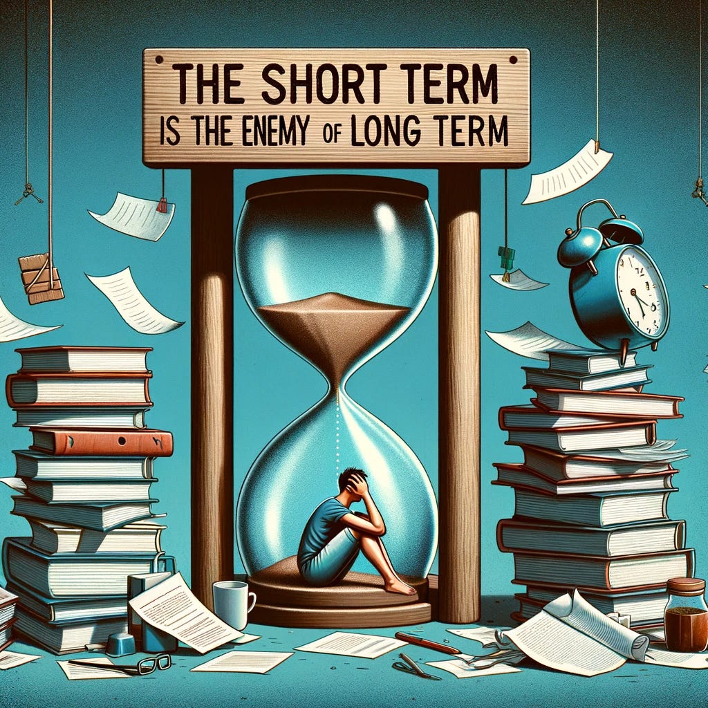 The short term is the enemy of the long term, an hour glass with a person inside having sand raining on them. Books piled on the side, with an alarm clock, and piles of books.