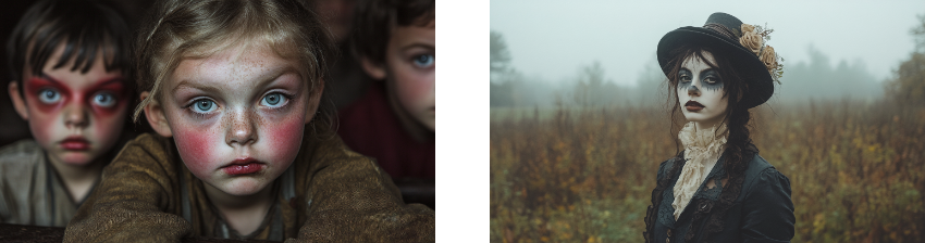 A split image: on the left, a close-up of a young girl with pale skin, intense blue eyes, and dramatic, smeared red makeup on her cheeks, looking directly at the camera with a haunting expression; two other children with similar makeup appear in the background. On the right, a woman stands alone in a foggy field, wearing Victorian-style clothing and dark, theatrical makeup with white face paint and dark eyes, topped with a hat adorned with flowers. The images convey an eerie, vintage aesthetic with a blend of innocence and haunting melancholy.