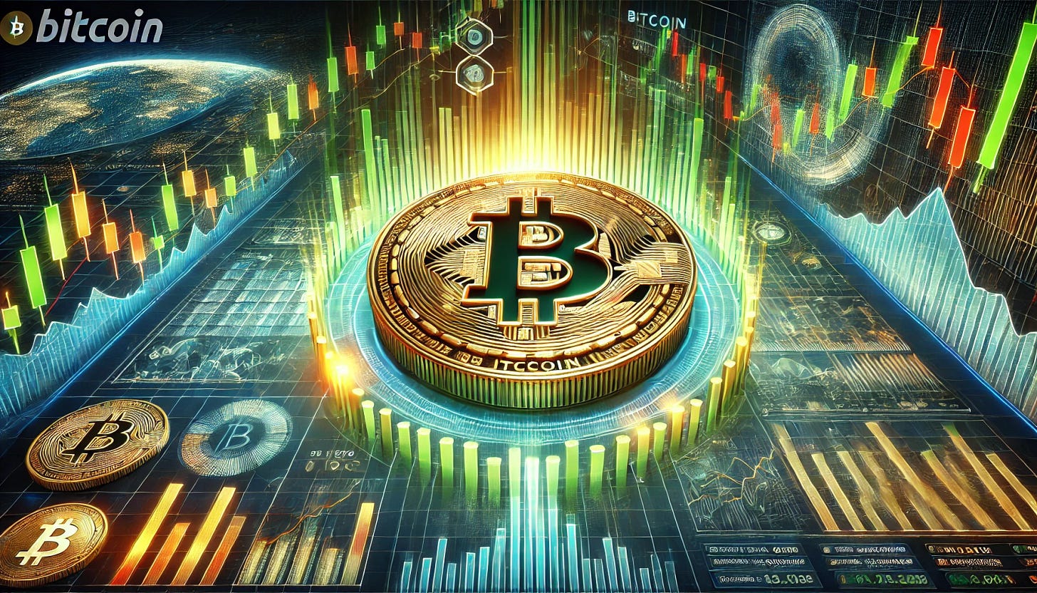 A detailed illustration of Bitcoin's impact on modern finance. The image includes a glowing Bitcoin logo at the center, surrounded by dynamic price charts showcasing its growth over time, with green and red candlestick patterns. The background is a futuristic digital interface, with data streams and financial graphs displayed on a high-tech screen. The scene symbolizes Bitcoin's relevance and dominance in the financial world, featuring vibrant blue, gold, and green tones. Intricate details emphasize the technological and financial aspects.