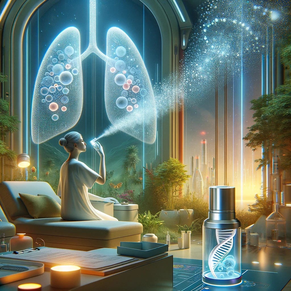 An illustration representing the concept of a revolutionary lung cancer detection method. The image features a serene, futuristic medical environment where a patient is using a compact, handheld inhaler device emitting soft, glowing particles. These particles symbolize the innovative DNA-barcoded, activity-based nanosensors designed for lung cancer screening. The environment is calm and welcoming, with a backdrop of advanced yet unobtrusive medical technology. The patient appears relaxed and hopeful, emphasizing the non-invasive and painless nature of this diagnostic approach. Surrounding the scene are subtle hints of nature, such as plants or water, to convey a sense of healing and well-being. The overall mood of the illustration is one of optimism, innovation, and the transformative potential of medical advancements to make cancer screening more accessible and less daunting for individuals.