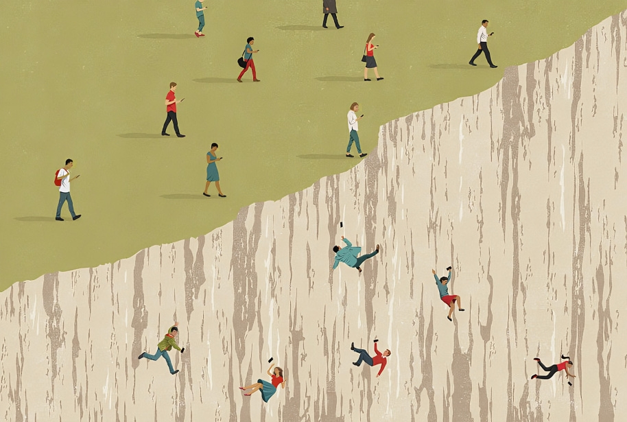 Cartoon of multiple people walking off a cliff while staring at their mobile phones, symbolizing the dangers of unchecked social media control and manipulation.
