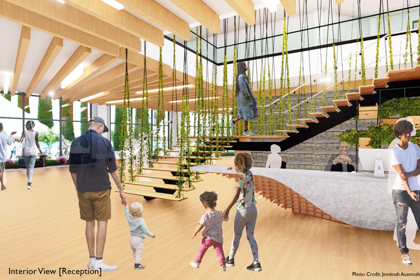 Interior lobby with floating stair and people, with plants growing on walls and railings.