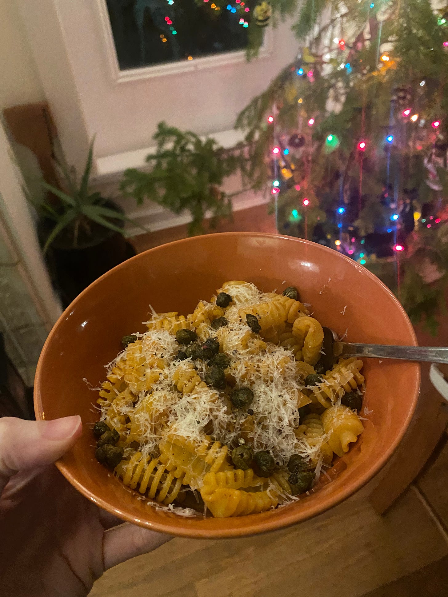 An orange bowl of radiatore pasta in an orange tomato sauce, topped with parmesan and fried capers. The Christmas tree is visible in the background, the lights a little blurred.