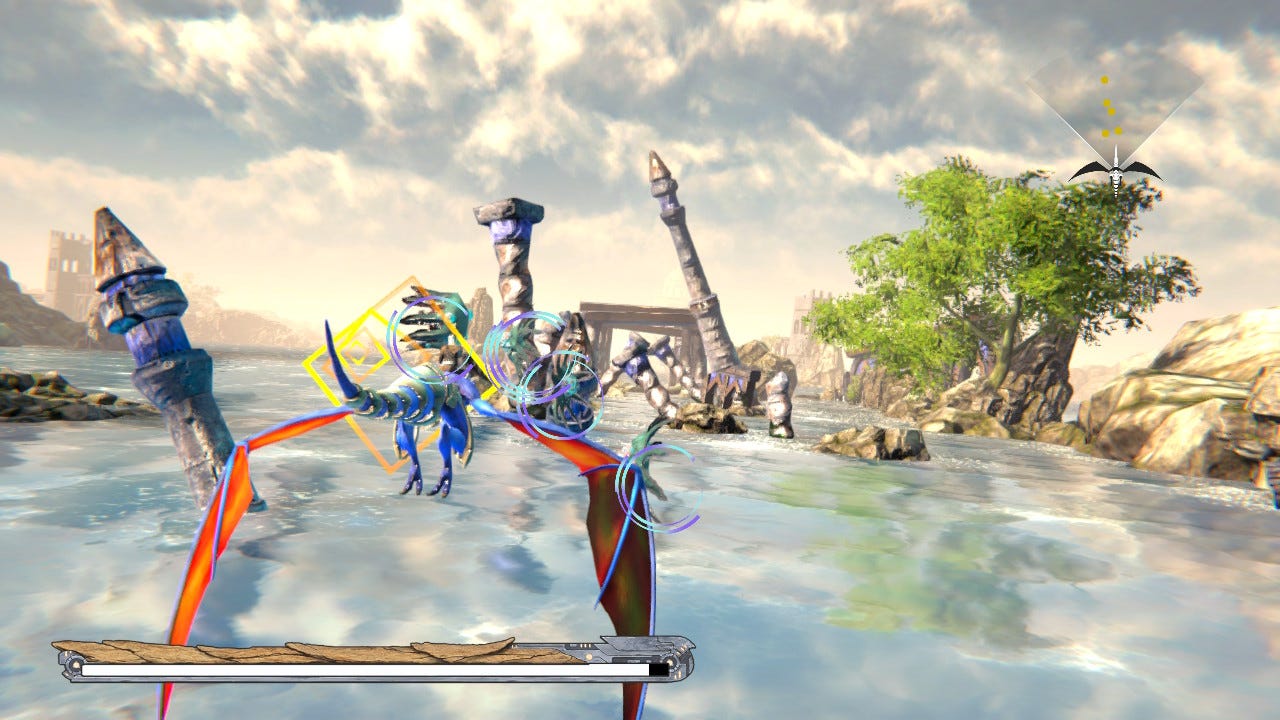 A screenshot from the first episode of Panzer Dragoon: Remake, featuring the blue dragon targeting a number of foes for a homing blast. Targeted foes have a pair of blue and purple pair of rings around them, so you know that they're about to be shot.
