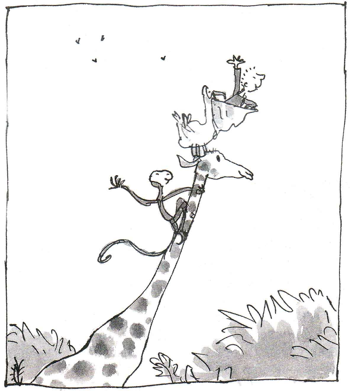 a giraffe with a monkey, a pelican, and a boy riding on neck