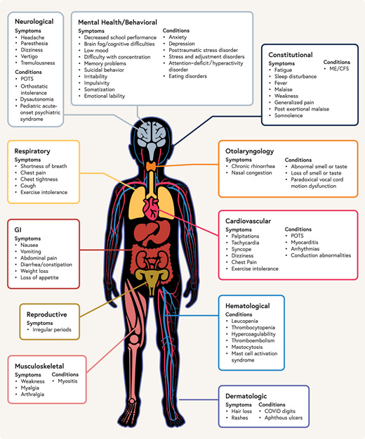 Organ system involvement of PASC in children. Legend: The figure outlines symptoms and conditions, grouped by body system, which have been associated with the PASC. Some symptoms may be transient and rare in children, and a description of more common manifestations is provided in the main text.