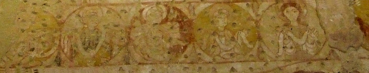 Part of the wallpainting immediately above the chancel arch.