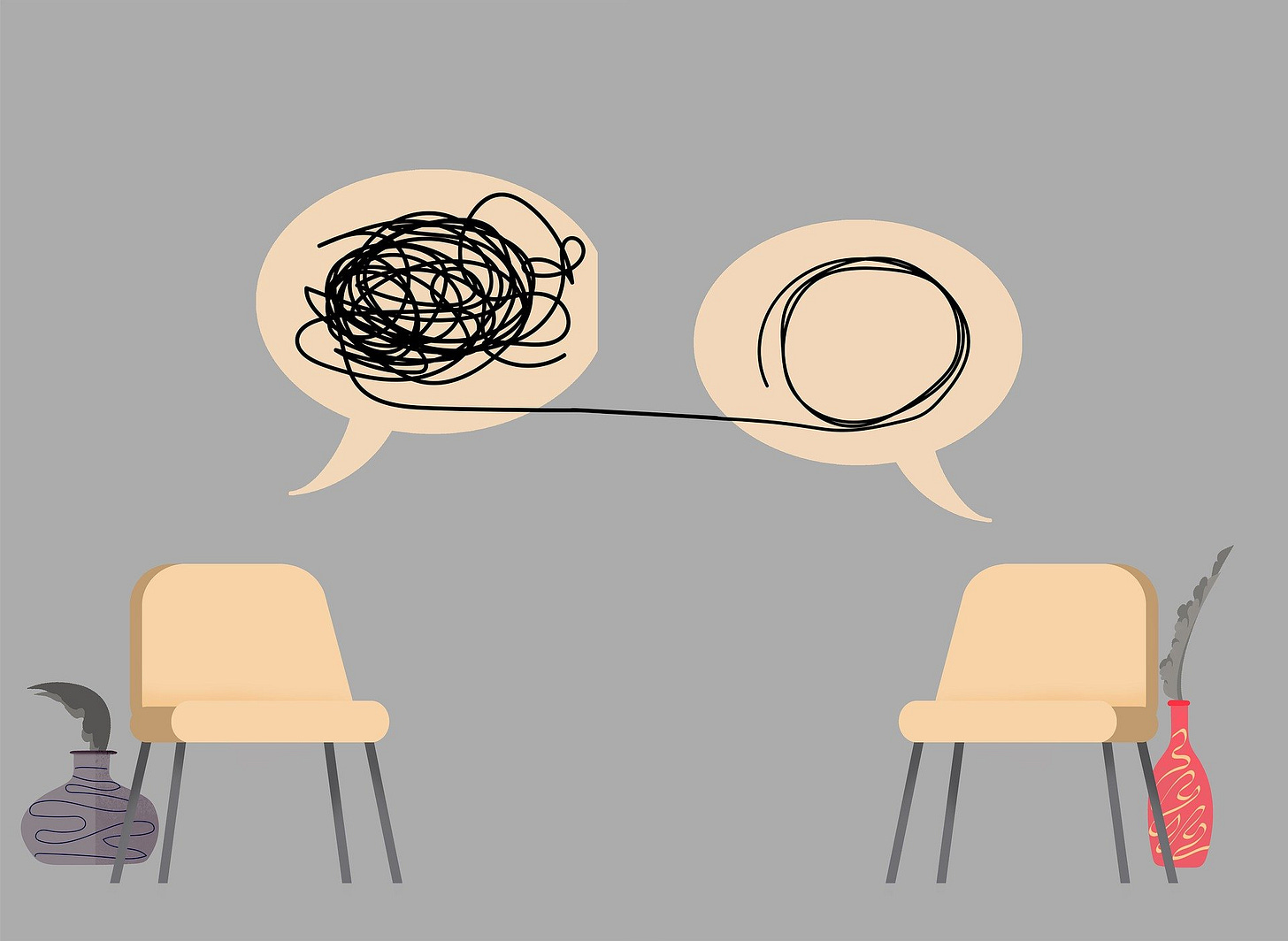 Illustration that represents therapy: two chairs, with a tangled thought bubble over one and an untangled thought bubble over the other