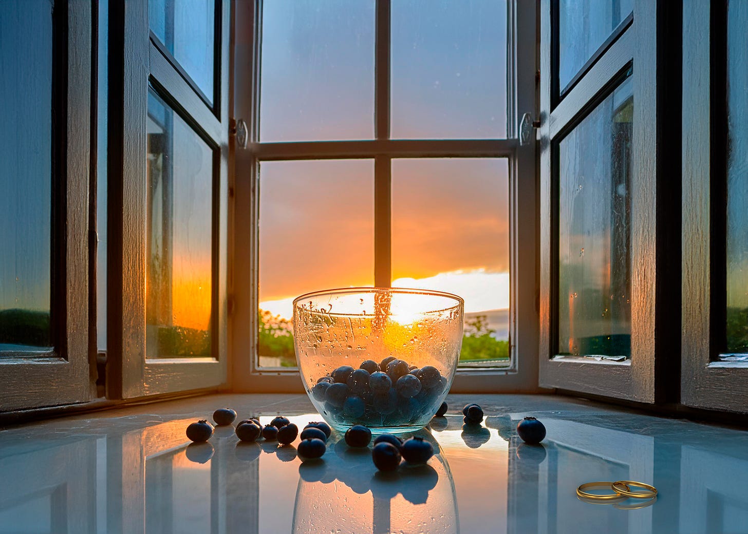 striking image of blueberries in glass bowl and scattered beside two gold wedding bands, lying on marble countertop illuminated by dawn streaming in from window showing coastal water view