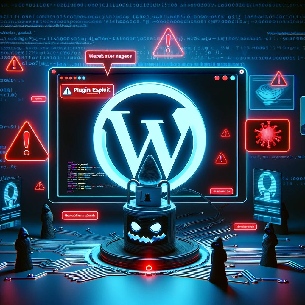 A 3D scene illustrating a WordPress plugin exploit. The central focus is on a WordPress logo on a digital screen with a plugin icon being hacked. Surrounding the screen are red alert symbols, warning messages, and lines of code flowing out, indicating the exploit. In the background, there are shadowy figures of hackers and digital elements like binary code and security breaches. The overall scene has a dark and tense atmosphere with neon blue and red tones highlighting the severity of the exploit.