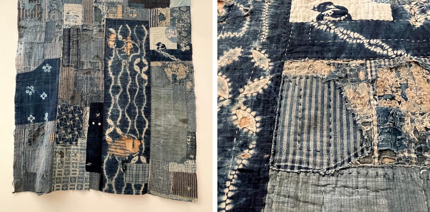 A quilt and a detail of the same quilt comprised of indigo blue dyed cotton fabric scraps.