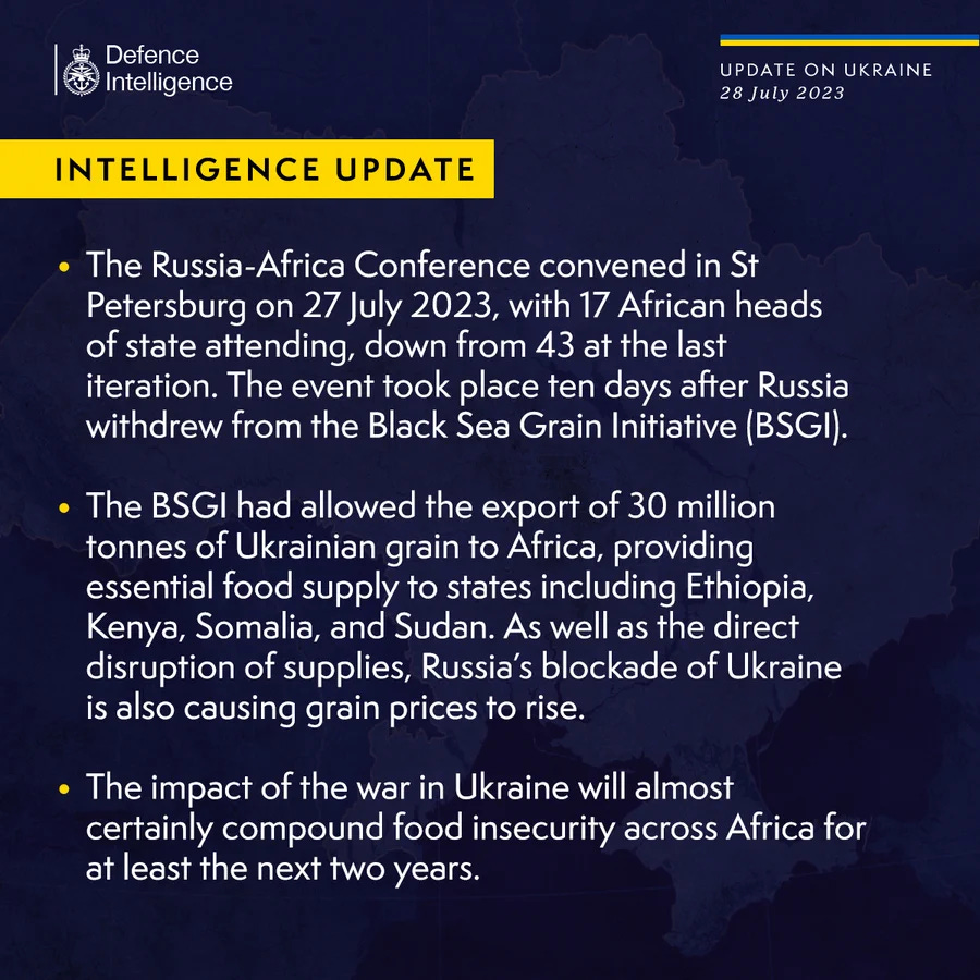 Latest Defence Intelligence update on Ukraine - 28 July 2023. Please read thread below for full image text.