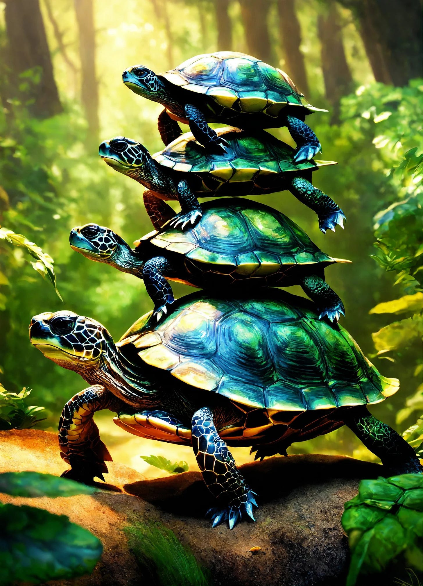 Four turtles on top of each other on a forest background
