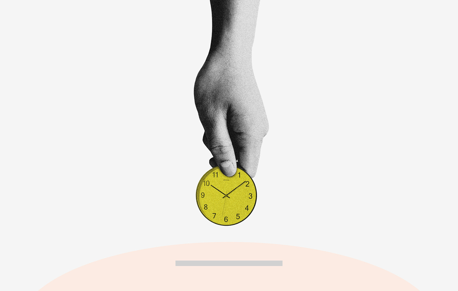 black and white hand holding yellow clock dropping it into a gray crack in a pink circle