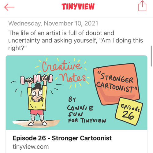 Stronger Cartoonist (Tinyview #26) Preview of original webcomic comics series "Creative Notes" episode #26 by Connie Sun, cartoonconnie, for Tinyview. Humorous illustration of a girl with a bun lifting pink dumbbells.