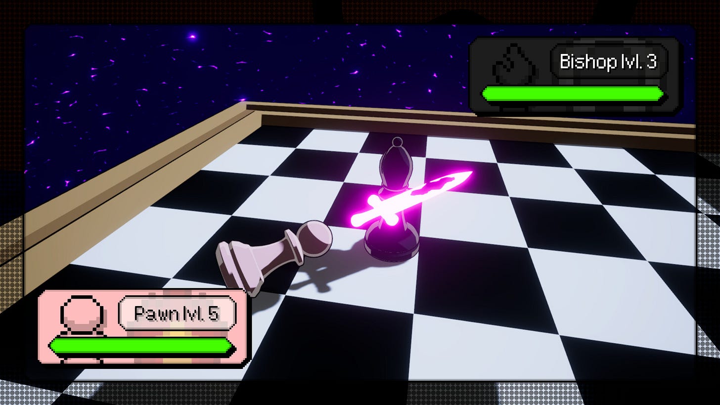 On a black and white checkboard, a level three black bishop holds a purple sword as it faces a level five white pawn. The background has a cosmic space-look with purple energy same color as the sword looking like stars at warp speed. On a black and white checkboard, a level three black bishop holds a purple sword as it faces a level five white pawn. The background has a cosmic space-look with purple energy same color as the sword looking like stars at warp speed.
