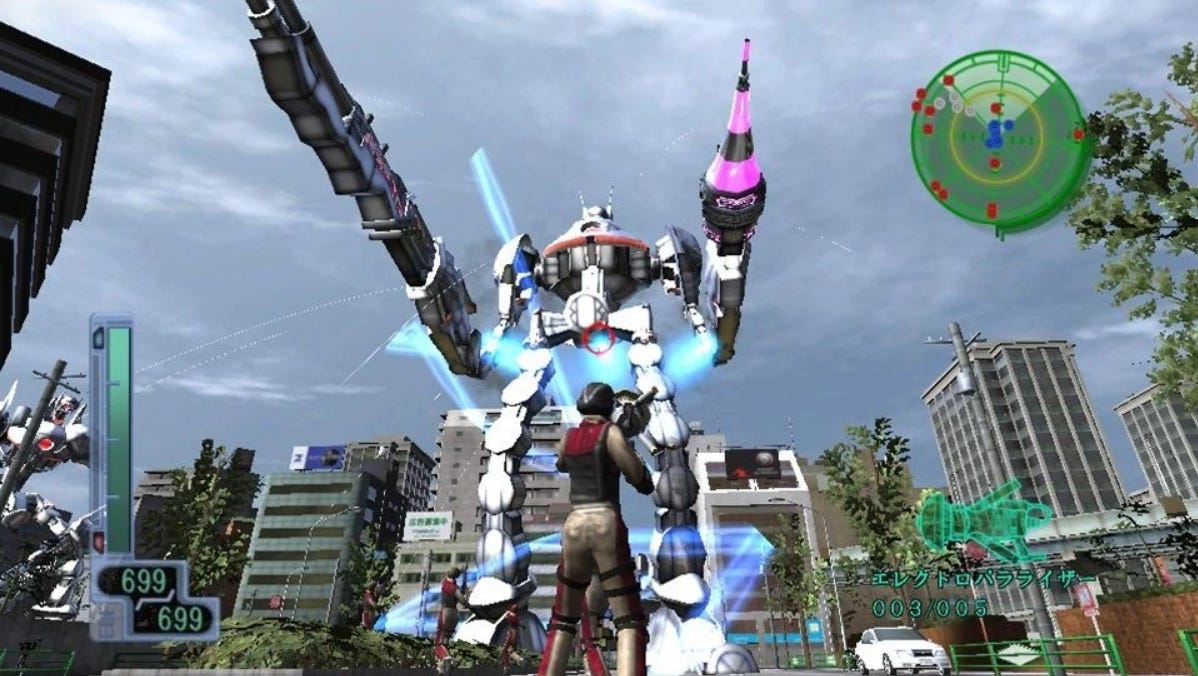 A screenshot of one of the robot variants in EDF 2017, this one with two different kinds of arm cannons.